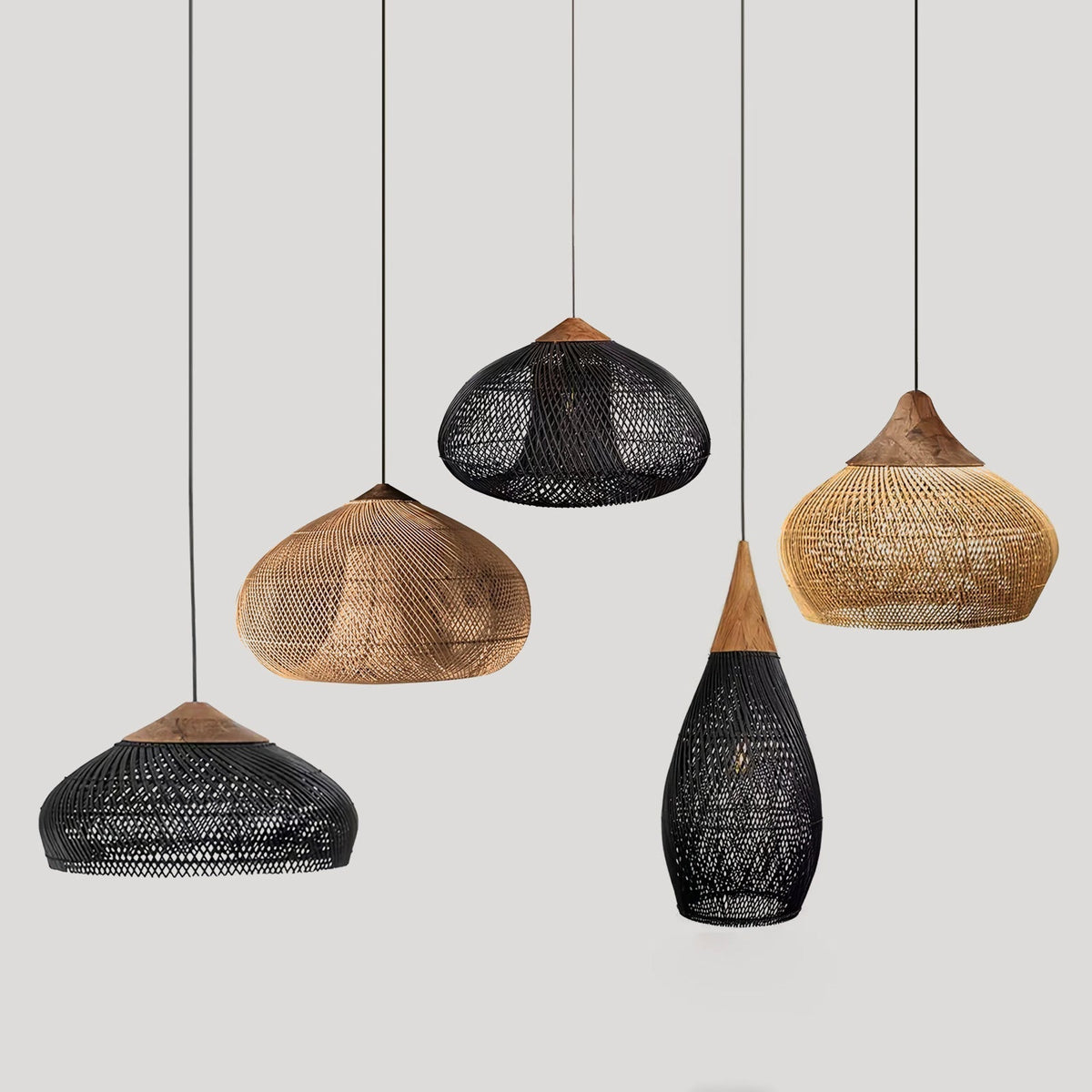 Bohemian Woven Rattan Pendant Lamp with Wood Top and Open Weave Shade