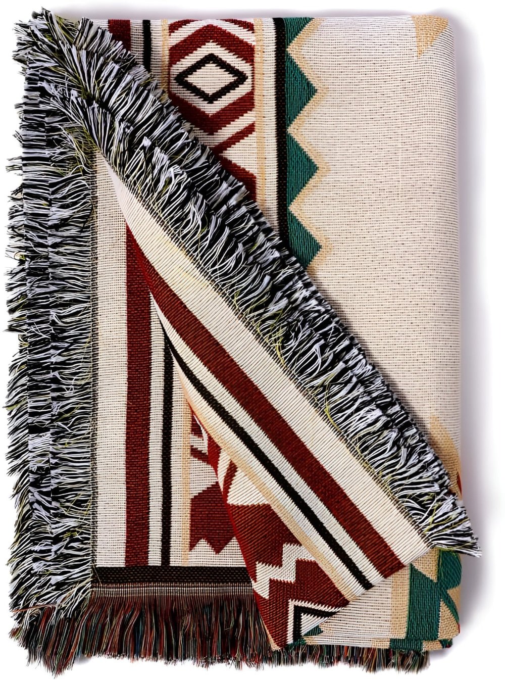 Boho Throw Blanket and Picnic Mat with Fringe Edges and Geometric Pattern