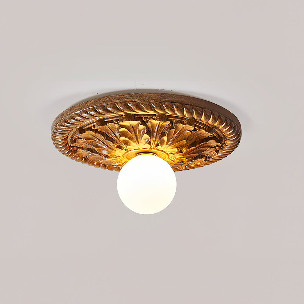 Ceiling Lamp Vintage Art Deco with Ornate Carved Round Base and Globe Shade