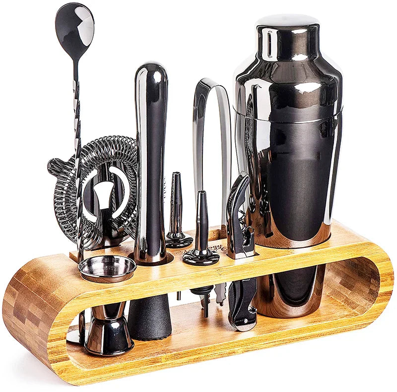 Cocktail Shaker Set with Bamboo Stand and Bar Tools