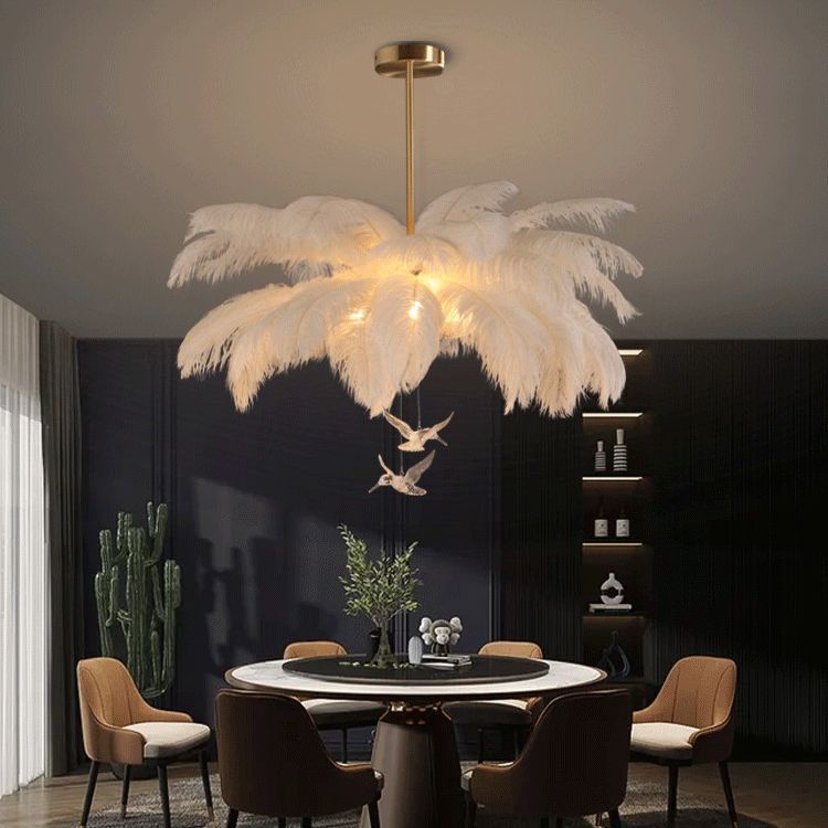 Feather Chandelier Bohemian with Decorative Bird Pendants and Acrylic Shade