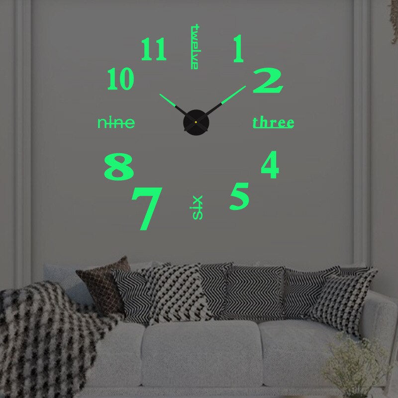Large DIY Wall Clock with 3D Self-Adhesive Numbers, Frameless Oversized Design