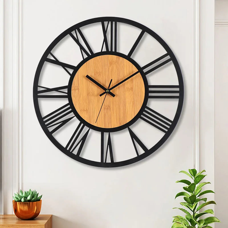 Large Round Wall Clock with Roman Numerals and Wood Centre Industrial Style