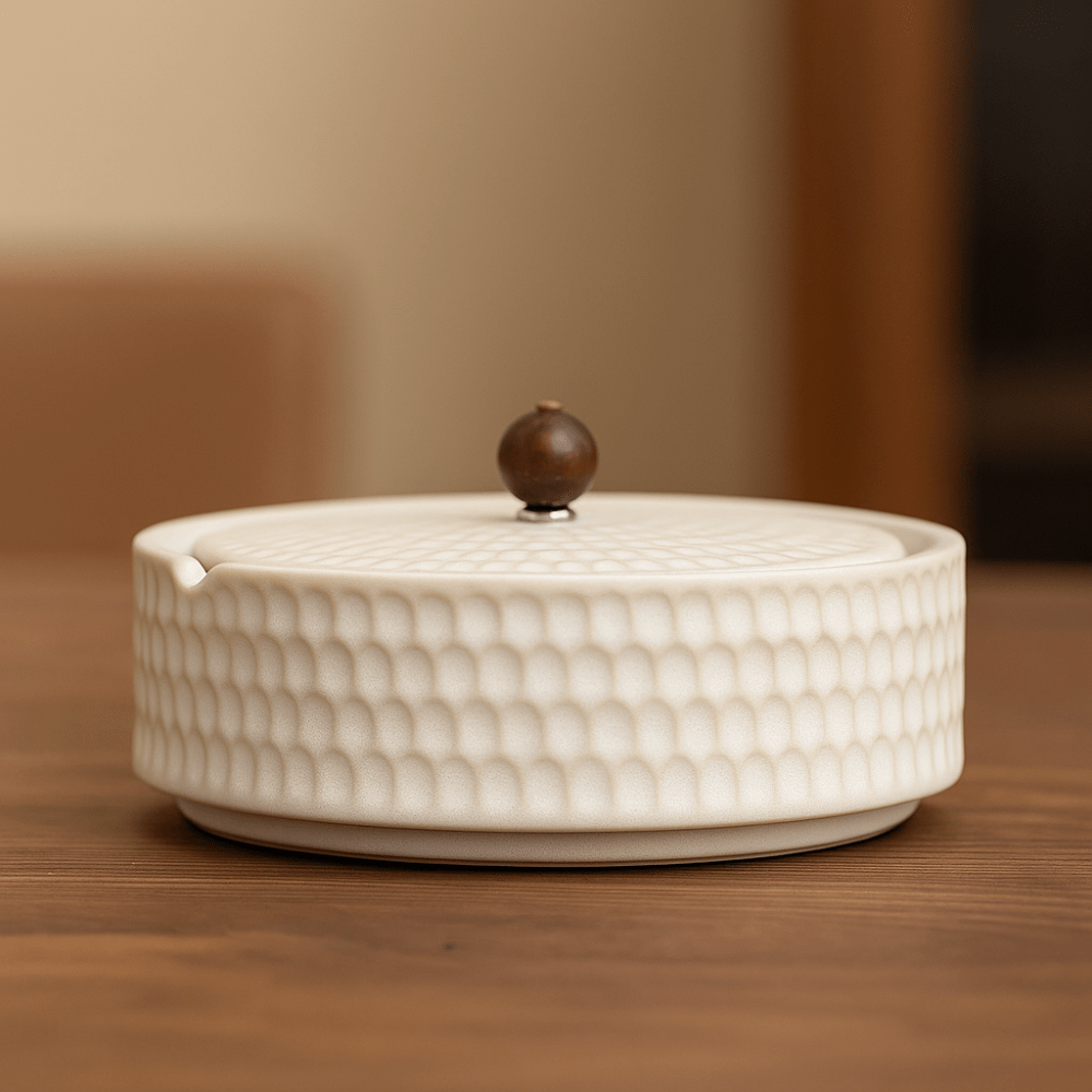 Minimalist Ceramic Ashtray with Wooden Lid