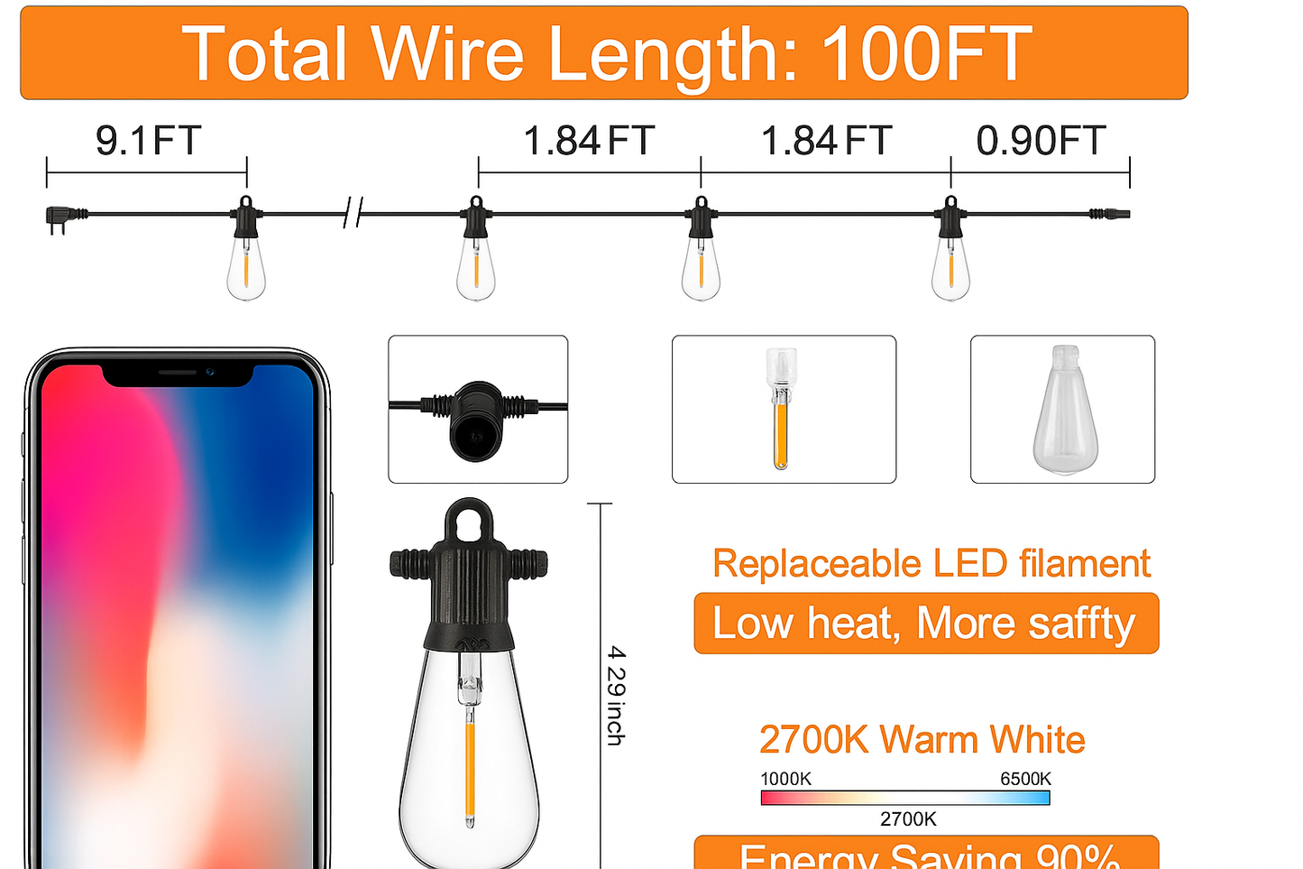 Outdoor String Lights Vintage Filament Bulbs Dimmable IP65 for Patio Garden