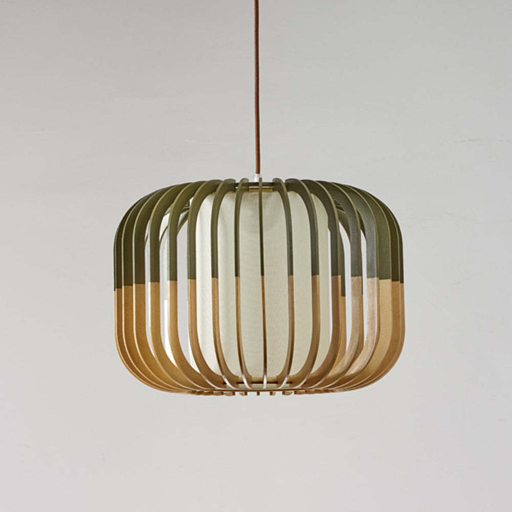 Pendant Lamp Scandinavian Birdcage Wood Shade with 3-Colour Bulb Included