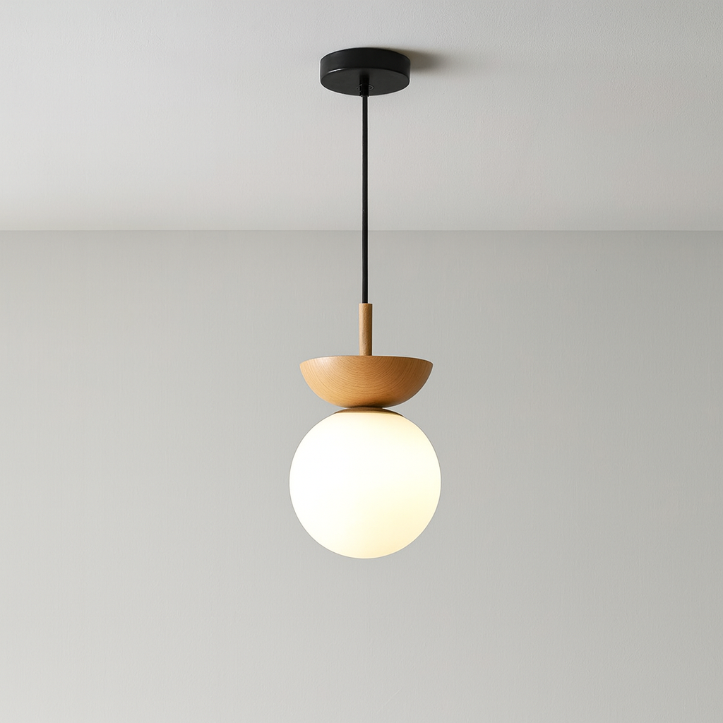 Pendant Lamp Scandinavian Globe with Wood Bowl Cap and Frosted Glass Shade