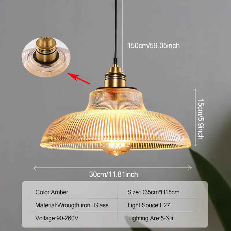 Pendant Lamp Vintage with Ribbed Glass Shade and Brass Fitting