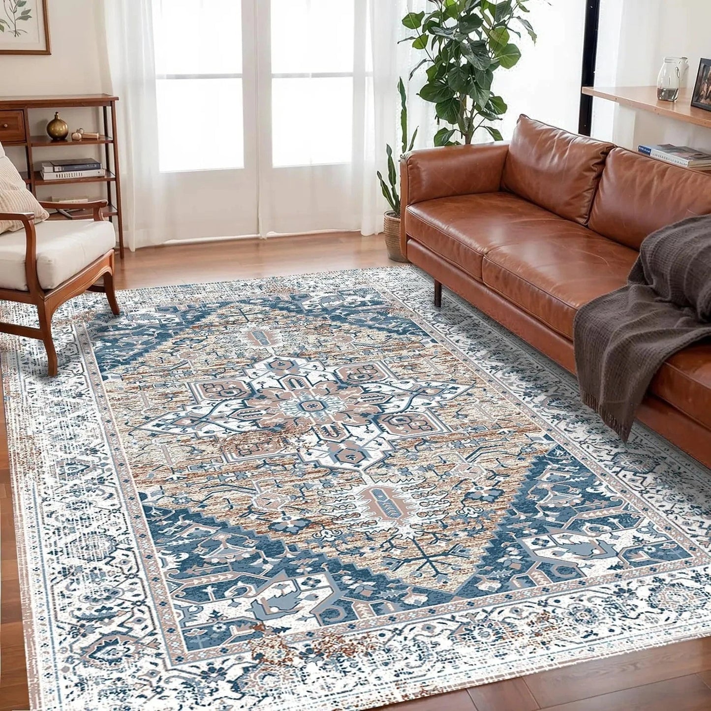 Persian Bohemian Area Rug with Medallion Pattern and Non-Slip Base