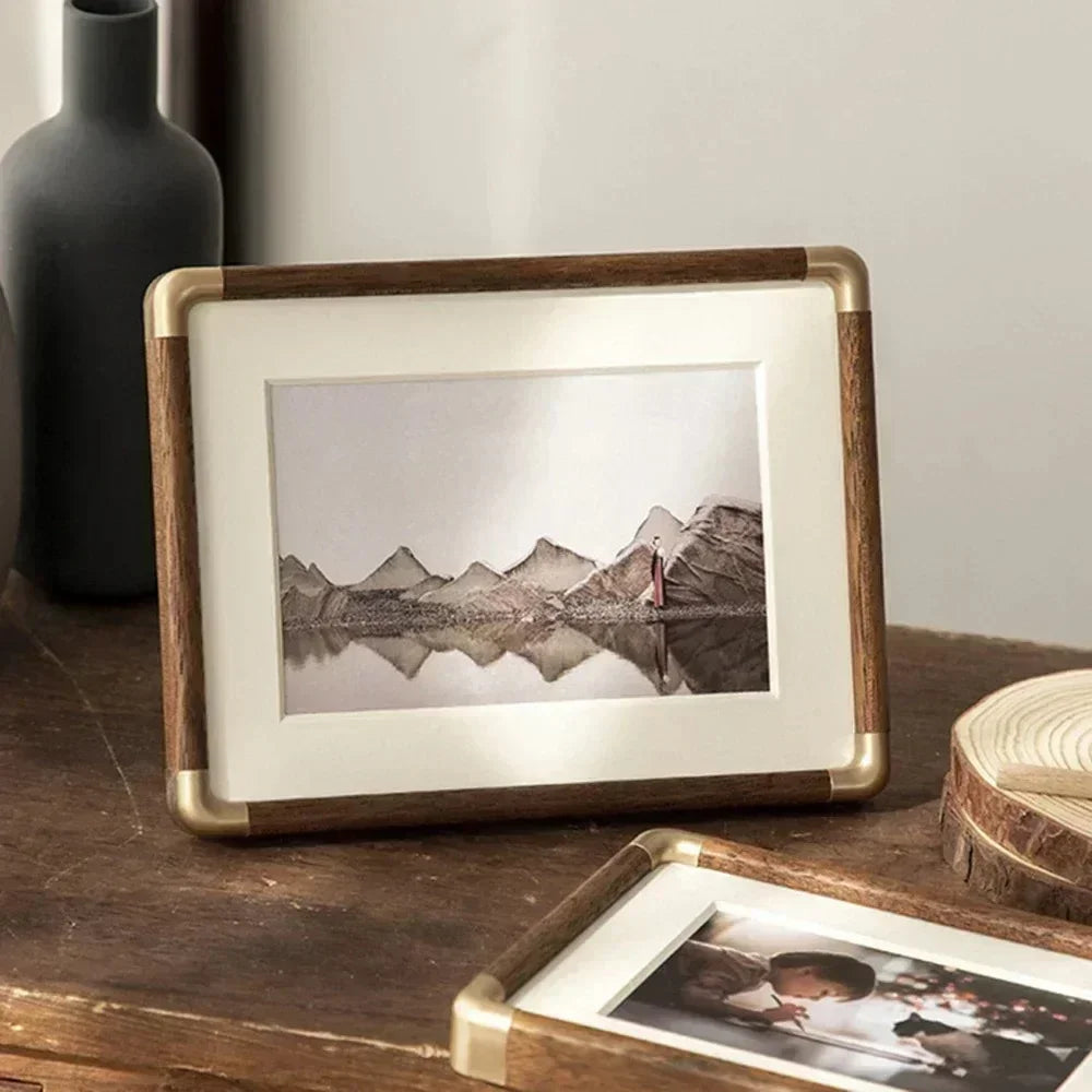 Photo Frame with Wood and Gold Corner Detail for Tabletop Display