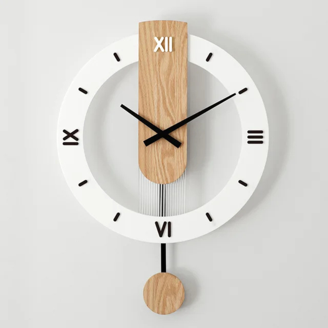 Scandinavian Pendulum Wall Clock with Wood Detail and Round Frame