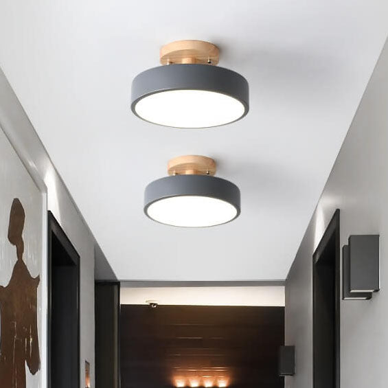 Scandinavian Round LED Semi-Flush Ceiling Light with Wood Base