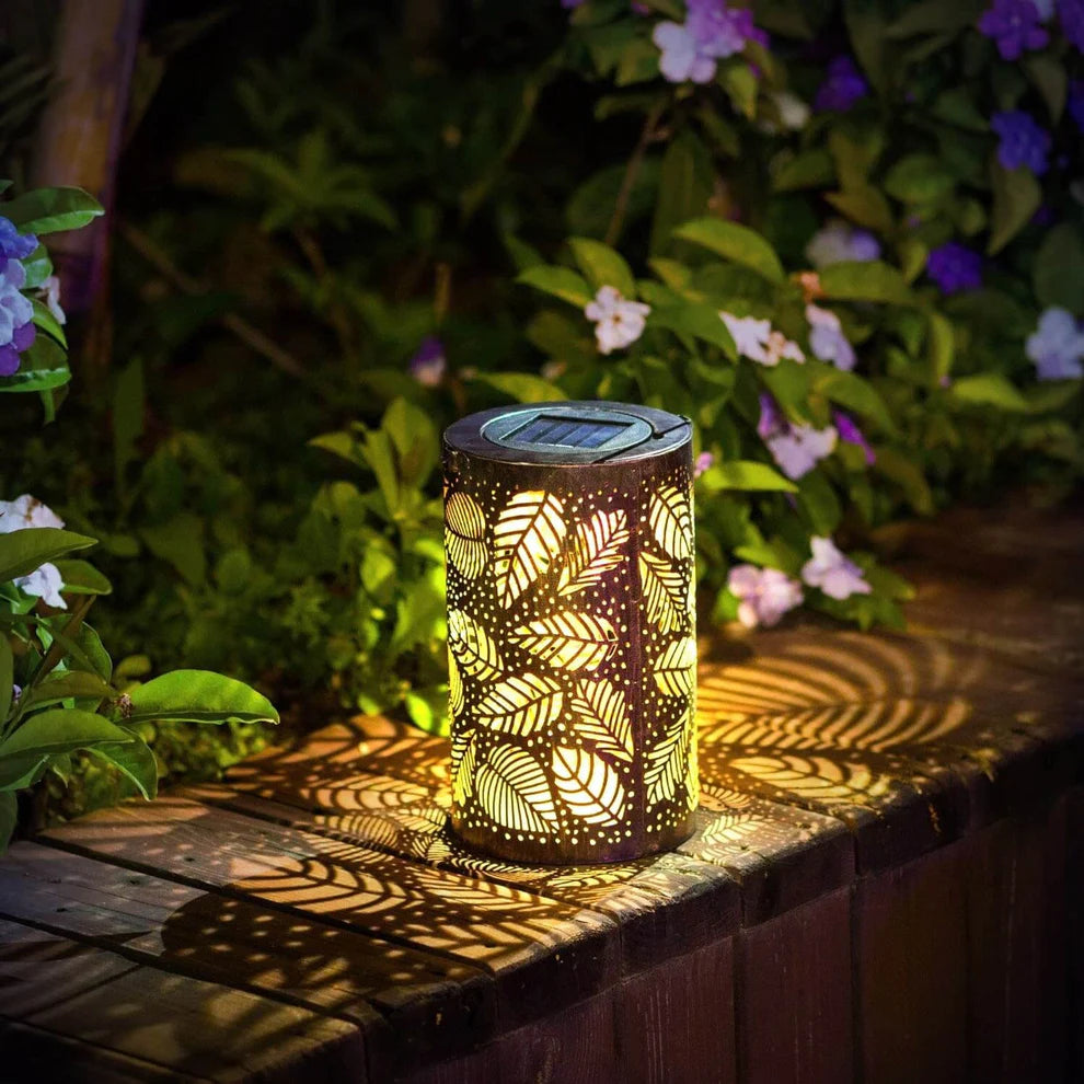 Solar Garden Lantern Outdoor with Leaf Pattern Shadow Projection Set of 2