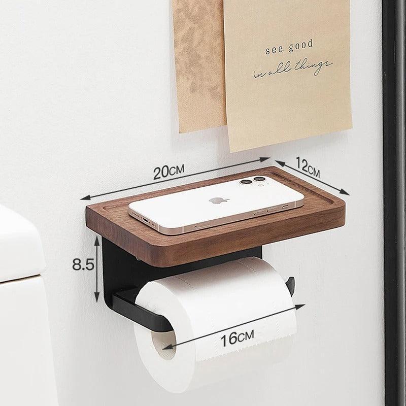 Toilet Paper Holder with Wooden Shelf and Phone Tray for Wall Mounting