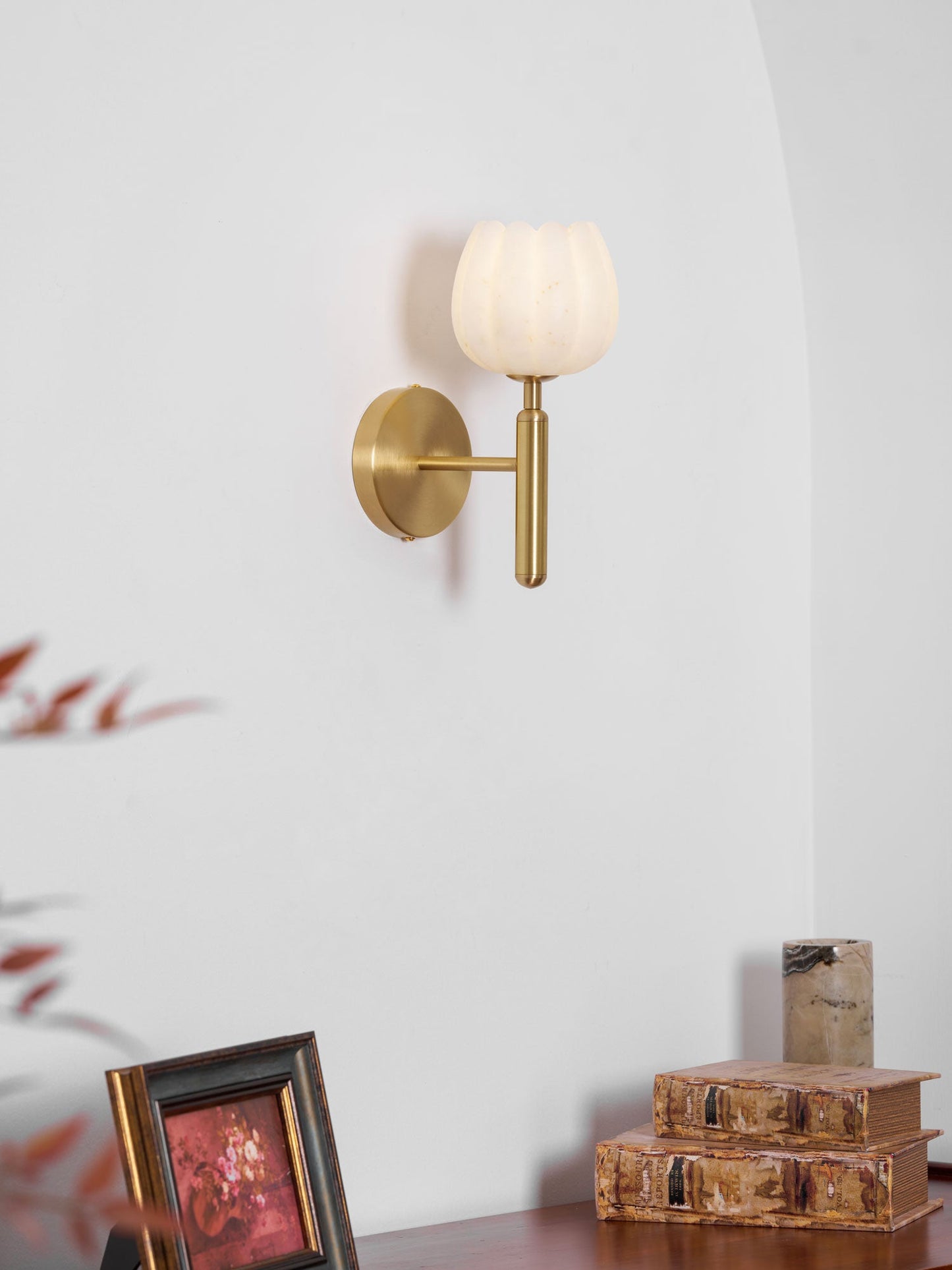 Wall Lamp Art Deco with Alabaster Flower Shade and Brass Arm