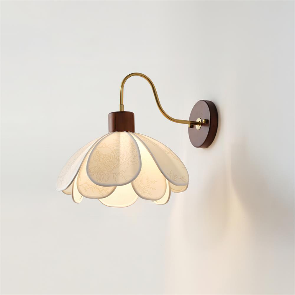 Wall Lamp Bohemian Floral Petal Shade with Wood and Brass Arm