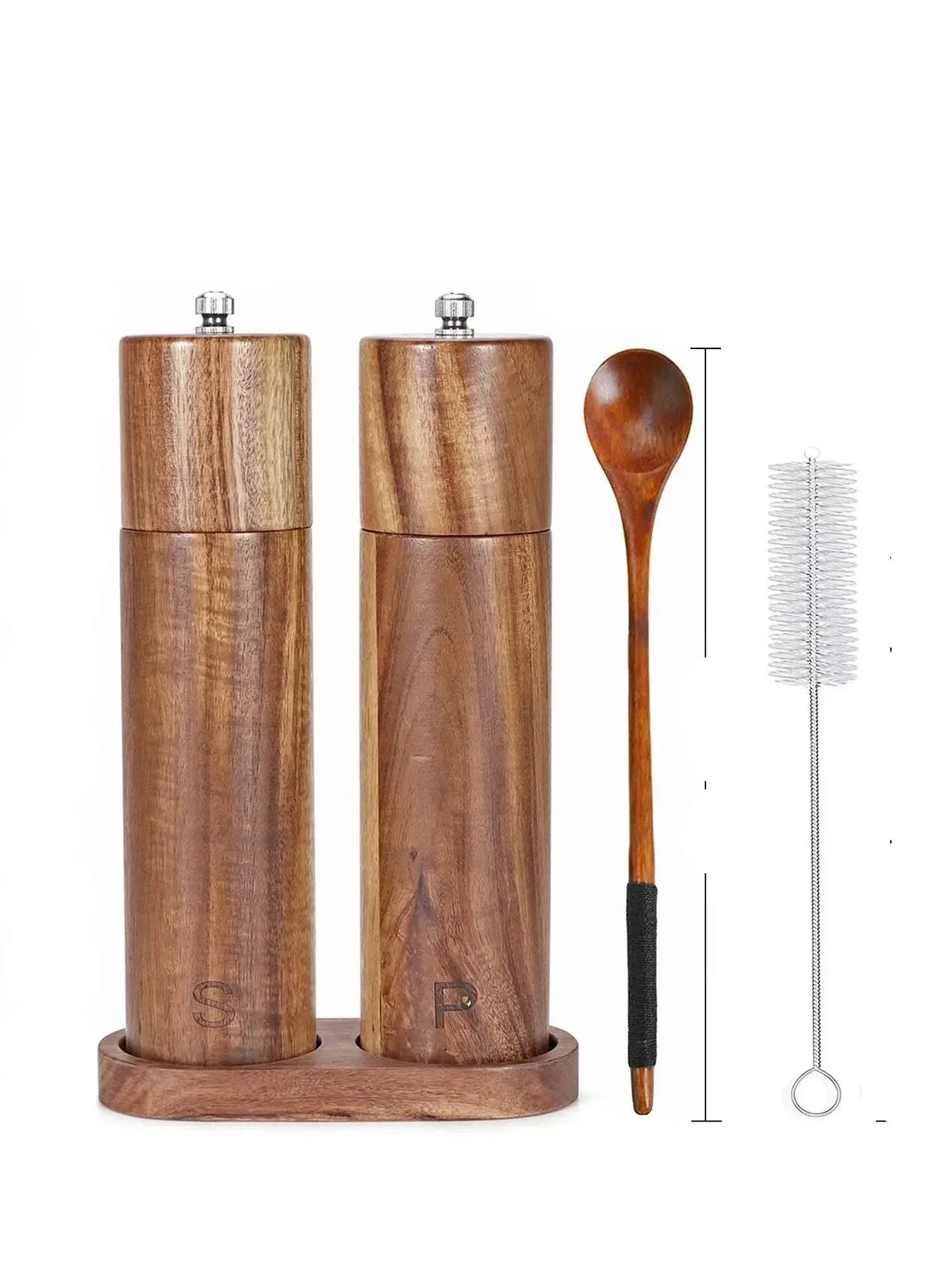 Wooden Salt and Pepper Mill Set with Tray, Cleaning Brush and Spoon