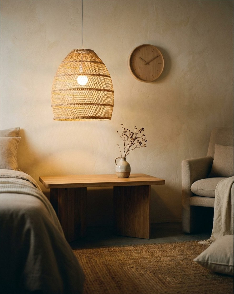 Warm interior with a woven pendant lamp, oak side table and minimalist wall clock