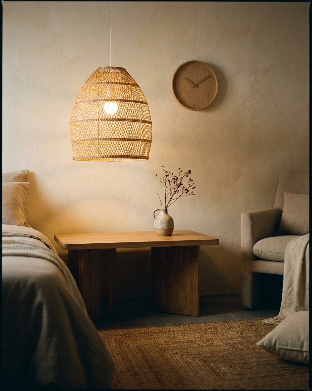 Warm interior with a woven pendant lamp, oak side table and minimalist wall clock