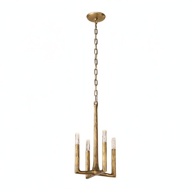 4-Light Pendant Chandelier Art Deco with Hand-Hammered Metal Frame and Chain