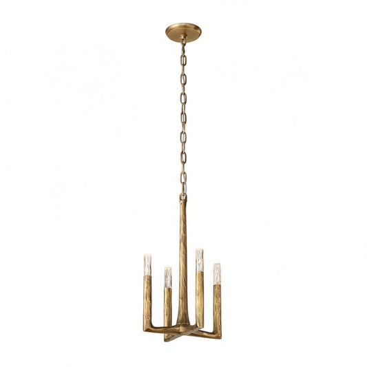 4-Light Pendant Chandelier Art Deco with Hand-Hammered Metal Frame and Chain