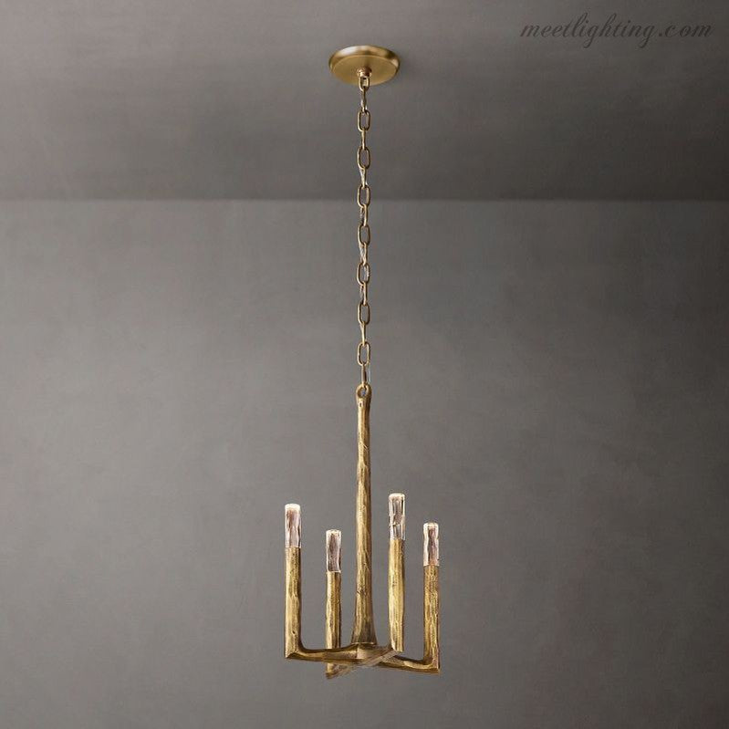4-Light Pendant Chandelier Art Deco with Hand-Hammered Metal Frame and Chain