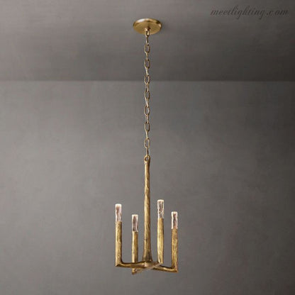 4-Light Pendant Chandelier Art Deco with Hand-Hammered Metal Frame and Chain