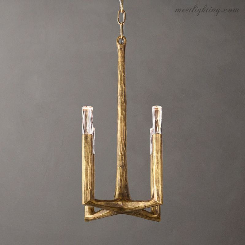 4-Light Pendant Chandelier Art Deco with Hand-Hammered Metal Frame and Chain