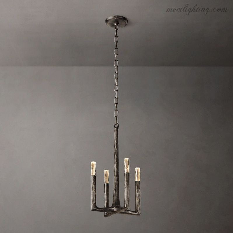 4-Light Pendant Chandelier Art Deco with Hand-Hammered Metal Frame and Chain