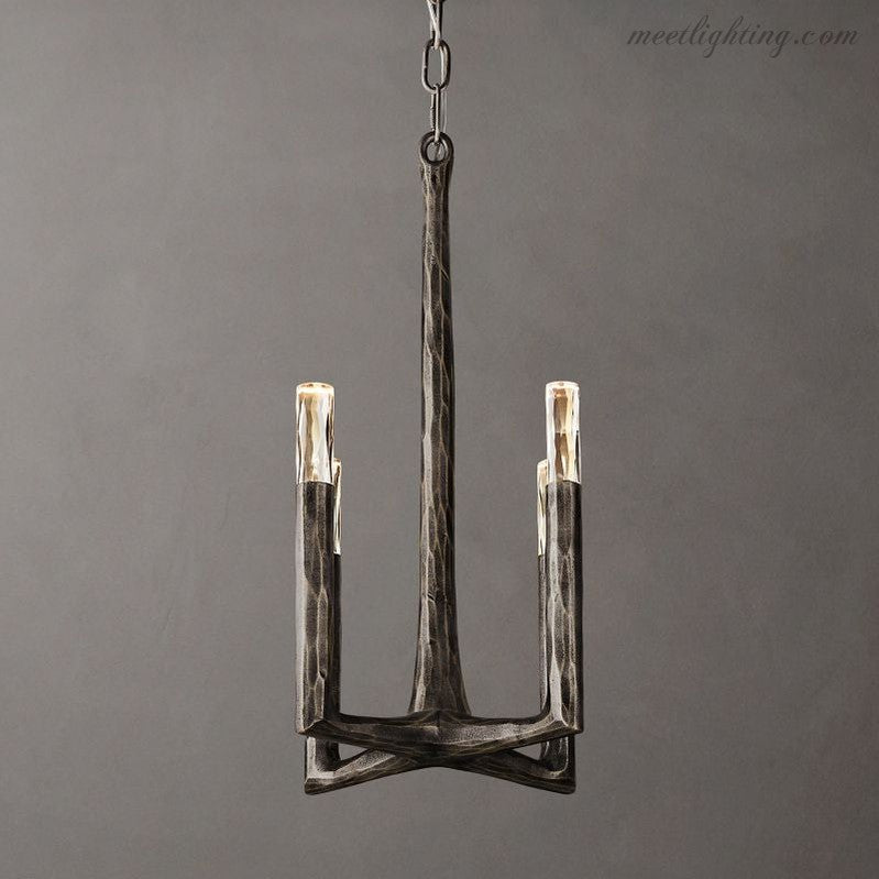 4-Light Pendant Chandelier Art Deco with Hand-Hammered Metal Frame and Chain
