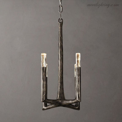 4-Light Pendant Chandelier Art Deco with Hand-Hammered Metal Frame and Chain