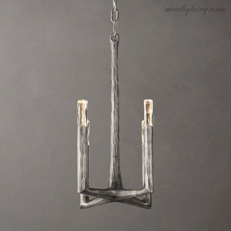 4-Light Pendant Chandelier Art Deco with Hand-Hammered Metal Frame and Chain