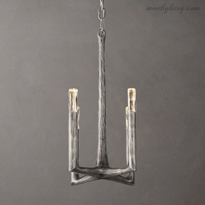 4-Light Pendant Chandelier Art Deco with Hand-Hammered Metal Frame and Chain