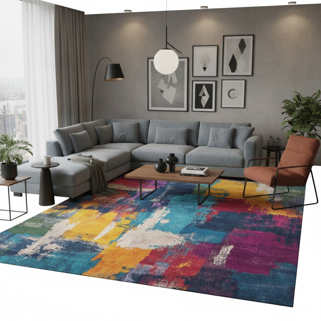 Abstract Area Rug with Painterly Expressionist Pattern for Living Room