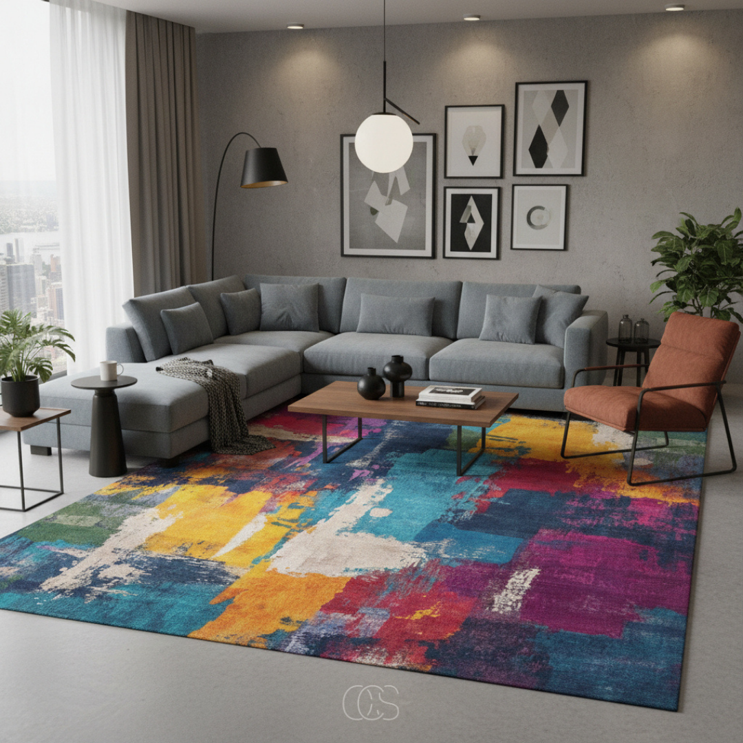 Abstract Area Rug with Painterly Expressionist Pattern for Living Room