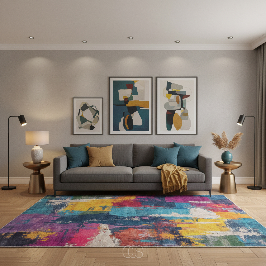 Abstract Area Rug with Painterly Expressionist Pattern for Living Room