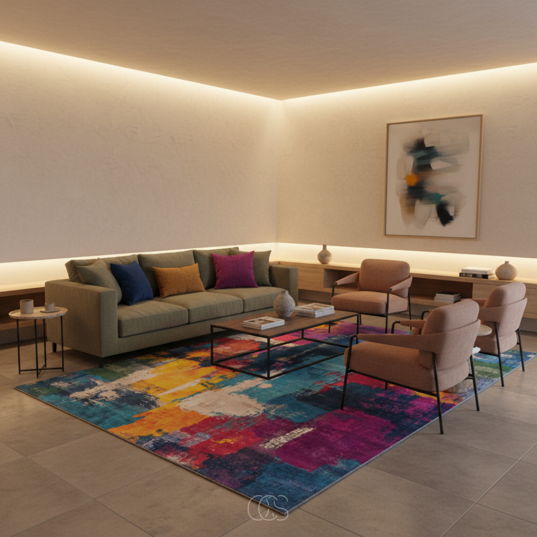 Abstract Area Rug with Painterly Expressionist Pattern for Living Room
