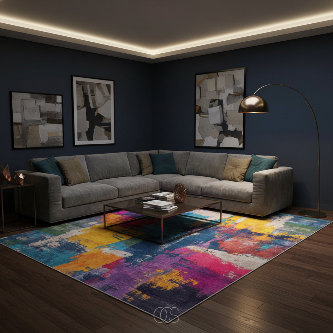 Abstract Area Rug with Painterly Expressionist Pattern for Living Room