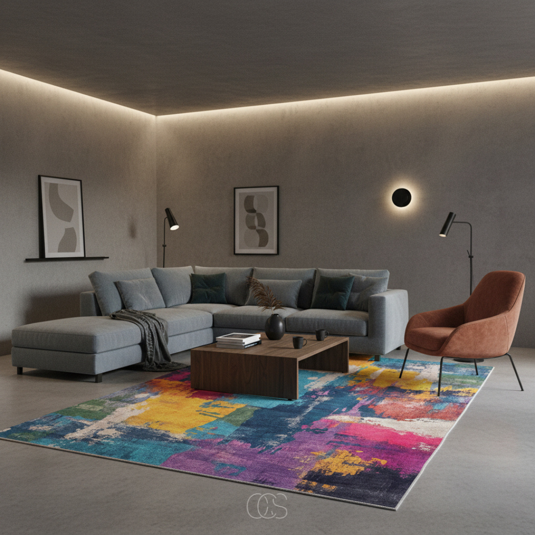 Abstract Area Rug with Painterly Expressionist Pattern for Living Room