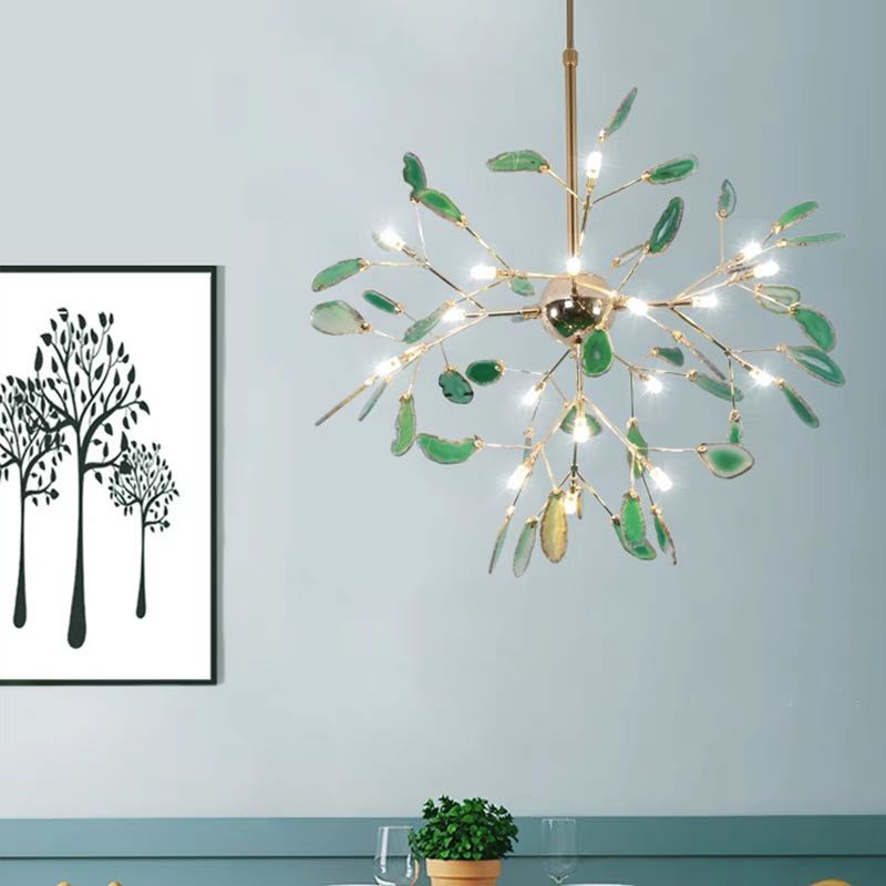 Agate Stone Branch Chandelier with Leaf Design, Bohemian Modern Pendant Light
