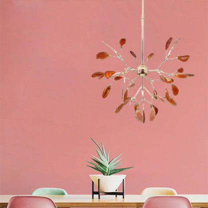 Agate Stone Branch Chandelier with Leaf Design, Bohemian Modern Pendant Light