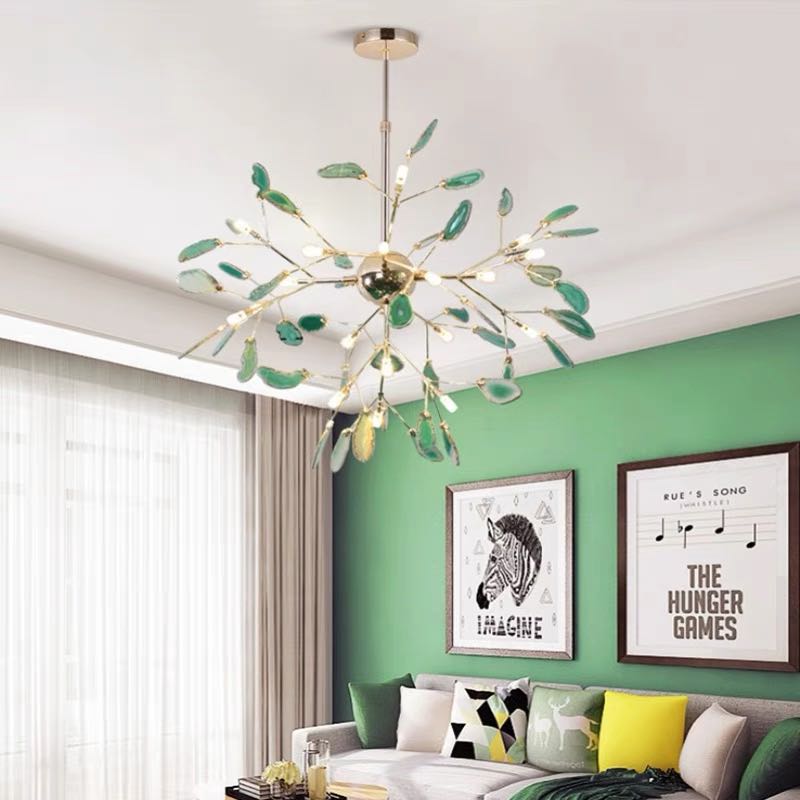 Agate Stone Branch Chandelier with Leaf Design, Bohemian Modern Pendant Light