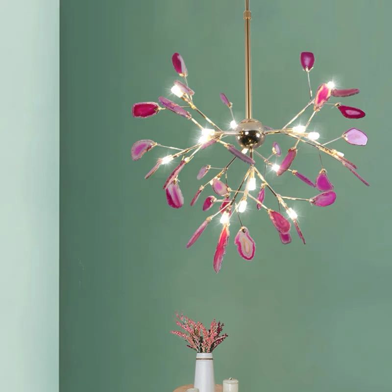 Agate Stone Branch Chandelier with Leaf Design, Bohemian Modern Pendant Light