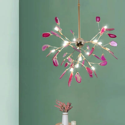 Agate Stone Branch Chandelier with Leaf Design, Bohemian Modern Pendant Light