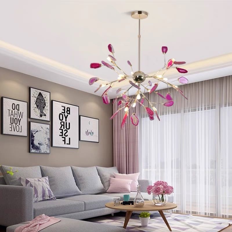 Agate Stone Branch Chandelier with Leaf Design, Bohemian Modern Pendant Light
