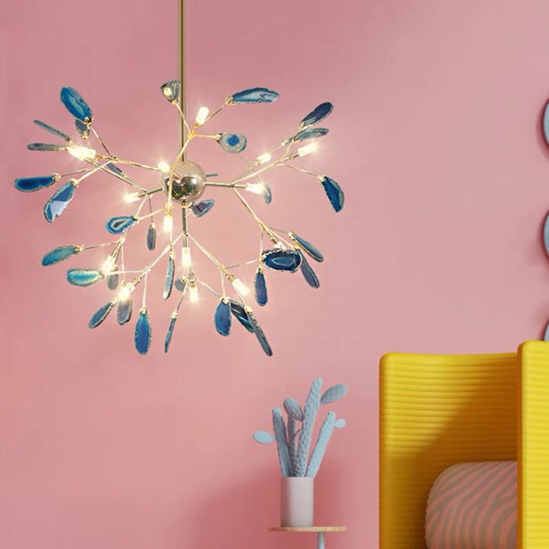 Agate Stone Branch Chandelier with Leaf Design, Bohemian Modern Pendant Light