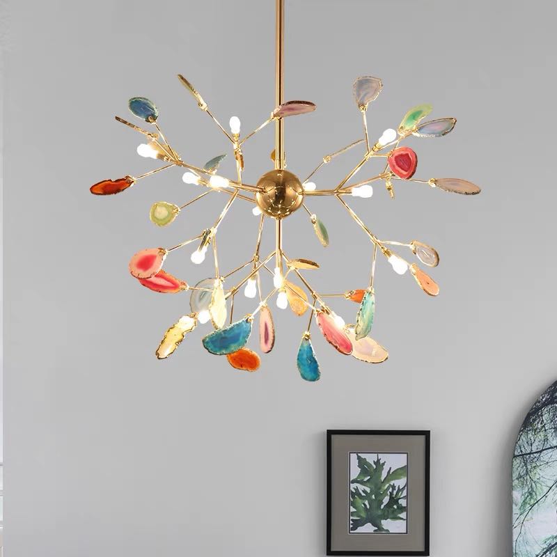 Agate Stone Branch Chandelier with Leaf Design, Bohemian Modern Pendant Light