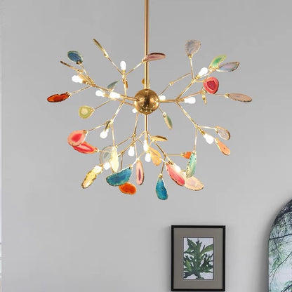 Agate Stone Branch Chandelier with Leaf Design, Bohemian Modern Pendant Light