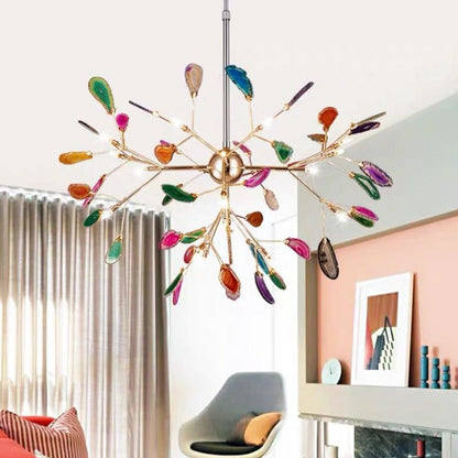 Agate Stone Branch Chandelier with Leaf Design, Bohemian Modern Pendant Light