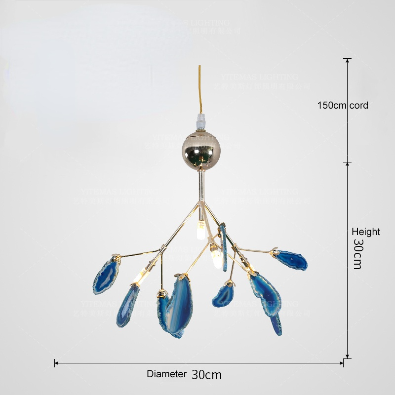 Agate Stone Branch Chandelier with Leaf Design, Bohemian Modern Pendant Light